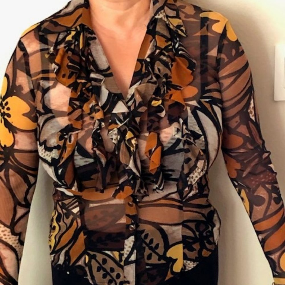 Cache Translucent long sleeve front ruffle top